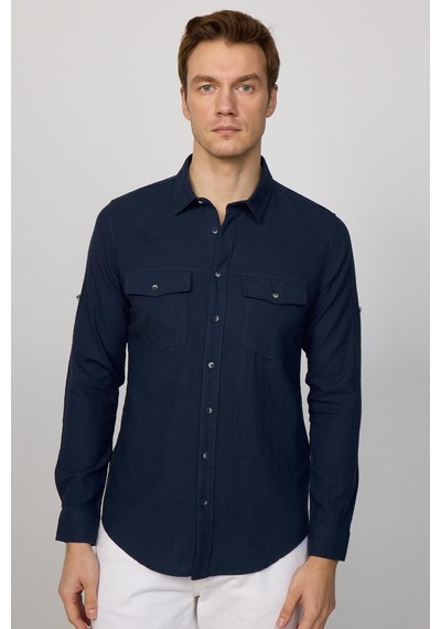 Tudors Slim Fit Uzun Kol Çift Cep Pamuk Keten Spor Yaka Lacivert Erkek Gömlek-29634-lacivert Lacivert