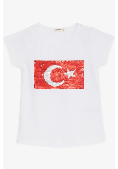 Breeze Çocuk Oynar Pulu Türkiye Bayraklı Tshirt-13372 Beyaz