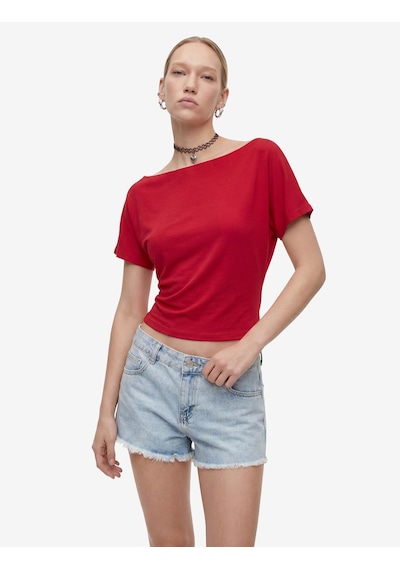 Koton Modal Karışımlı Slim Fit Yarasa Kol Kayık Yaka Tişört Kırmızı 6sal10989ık