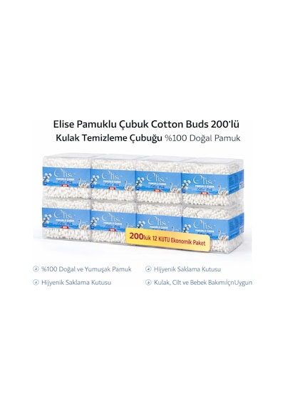 Elise Pamuklu Çubuk Cotton Buds 200 Lü Kulak Temizleme Çubuğu Doğal Pamuk 12 Paket