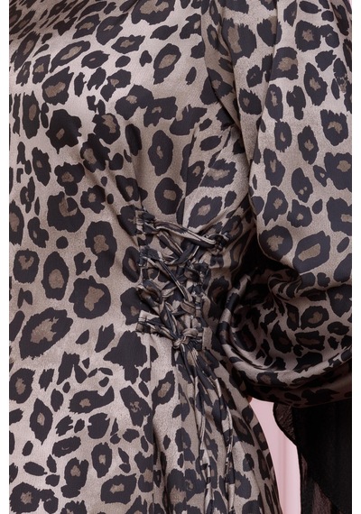 Yanı Bağcıklı Leopar Desenli Tesettür Abiye-vizon-4681