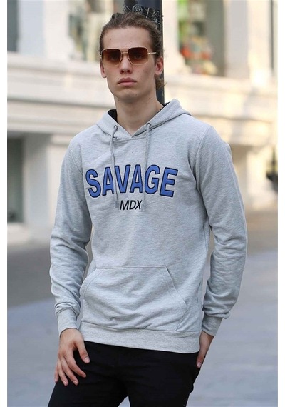 Madmext Basklı Gri Kapşonlu Sweatshirt 4147 Gri