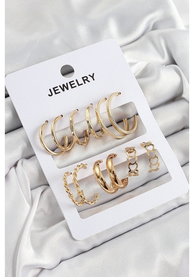 Ceylan Adam Pirinç Karışık Halka Model Gold Renk 6 Çift Kadın Küpe Set Çok Renkli