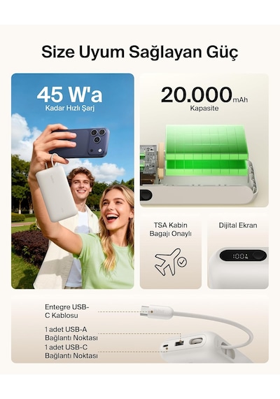 Ultracharge 20000 Mah Usb-c Kablolu Ve Ekranlı Power Bank, Kum Rengi