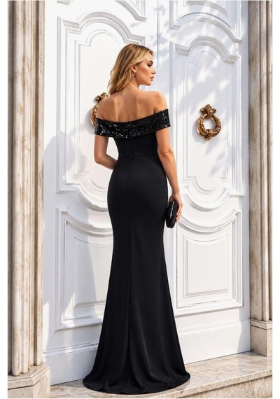 Lior Design Kadın Sade Carmen Yaka Payetli Yırtmaçlı Abiye Elbise Siyah