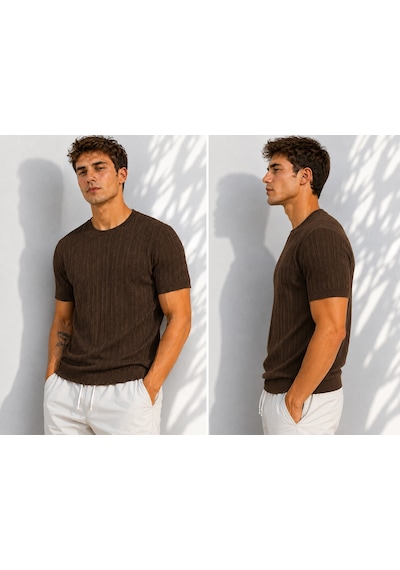 Ribana Erkek Bisiklet Yaka Kısa Kollu Esnek Örme Triko T-shirt 26091 Kahverengi