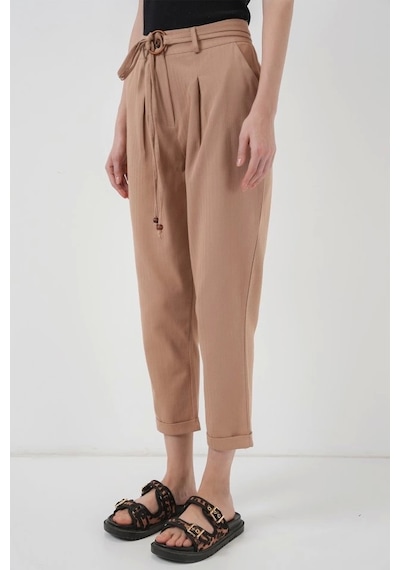 Defymoda 6660 Kemerli Keten Pantolon - Bisküvi Bisküvi
