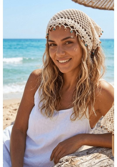 %100 El Örgüsü Boncuklu Bohem Kadın Bandana Saç Aksesuarı Krem
