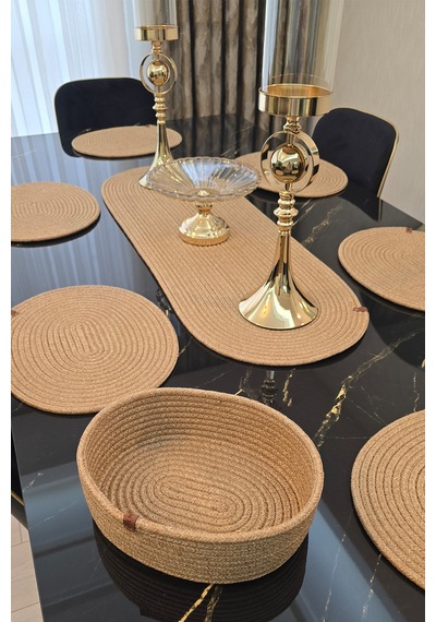 6 Lı Oval Supla 1 Runner 1 Dekoratif Ekmek Sepeti Seti Desenli Sunumluk Yemek Takımı Bej