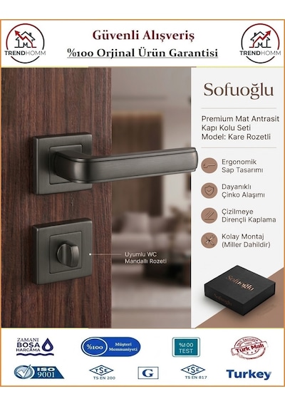 Sofuoğlu Seyhan Rozetli Kapı Kolu - Mat Antrasit - Wc Banyo