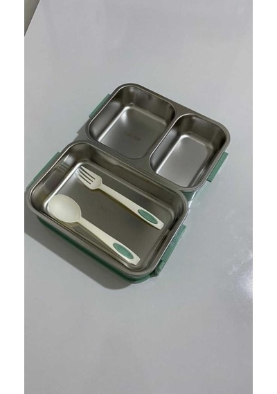 Food 2 Katlı 3 Bölmeli Çatal Kaşıklı Paslanmaz Çelik Yemek Tşıma Kabı 1.65l Yeşil