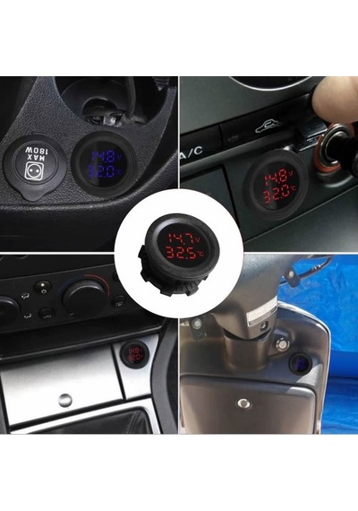 Devremarkt Yuvarlak Voltmetre Termometre 12v 24v Panel Tip Montaj Dijital Kırmızı Renk Led Sıcaklık Isı Voltaj