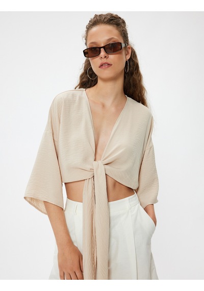 Koton Crop Üst V Yaka Bağlama Detaylı Oversize Kimono Kol Bej 4sal50001ıw Ekru