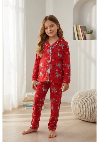Miniğimin Cicileri Geyik Desenli Süet Kız Çocuk Pijama Takımı - Kırmızı
