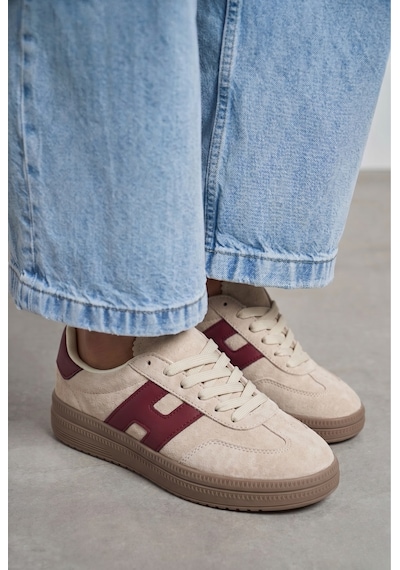 V.S.H Velvet Kadın Bej-bordo Desenli Kadın Retro Spor Ayakkabı Te03-2448