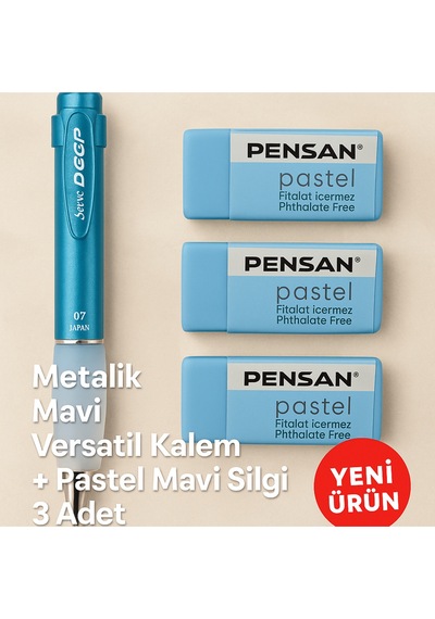 Metalik Mavi 0.7 Versatil Kalem + Pastel Mavi Silgi 3'lü Set Metalik Mavi