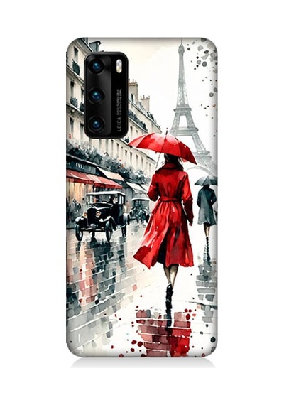 Huawei P40 Uyumlu Kırmızı Şemsiye Desenli Silikon Kılıf