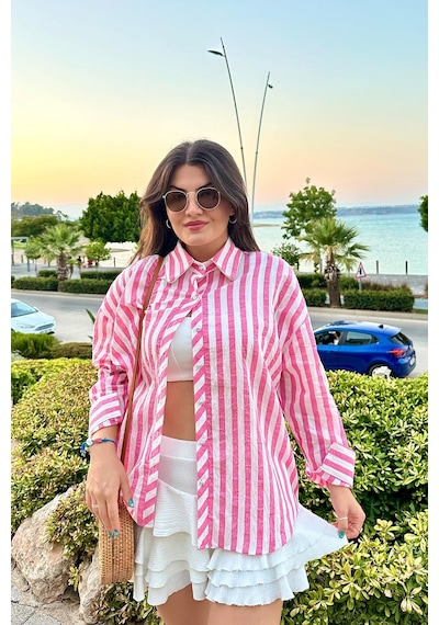 Pembe Renk Yaka Taş Detaylı Gofre Dokulu Çizgili Gömlek Pembe