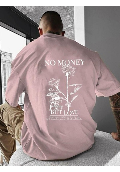 No Money Baskılı Oversize Tişört Pembe