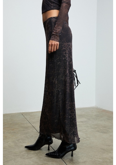 Grımelange Beulah Kadın Maxi Boy Slim Fit Beli Lastikli Tül Batik Desenli Siyah-leopar Desenli Etek Siyah-leopar Desenli