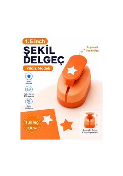 Ofisinn Şekilli Büyük Boy Delgeç/şekilgeç 3.8 Cm Yıldız Turuncu
