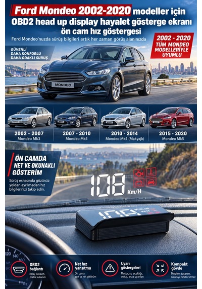 Ford Mondeo 2002-2020 Modeller İçin Obd2 Head Up Display Hayalet Gösterge Ekranı Ön Cam Hız Göstergesi