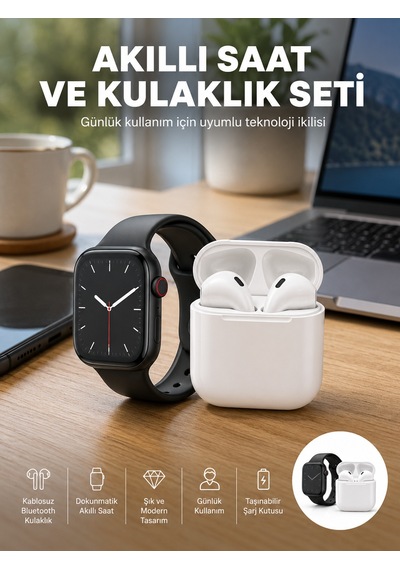 Akıllı Saat Gümüş Kasa Bluetooth Kulaklık Hediyeli Çok Fonksiyonlu İkili Set - Lisinya