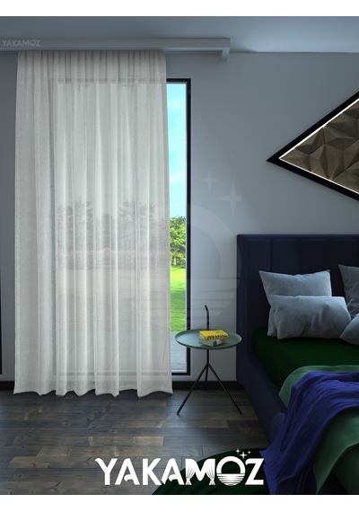 Beyaz Keten Görünümlü Ekstraforlu Tül Perde Linen Touch Serisi BEYAZ