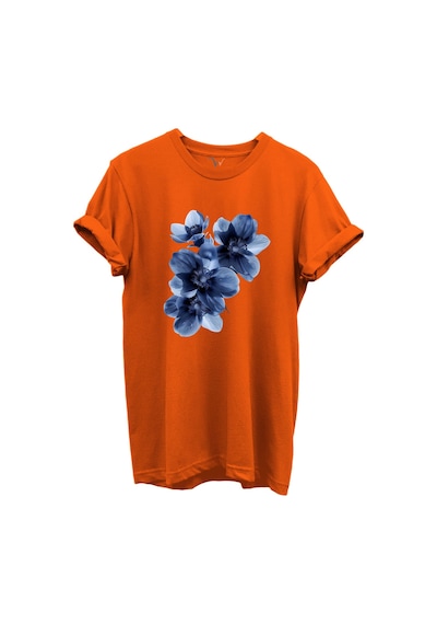 Mavi Çiçek Desenli Kadın %100 Pamuk Regular Fit Bisiklet Yaka T-shirt Turuncu