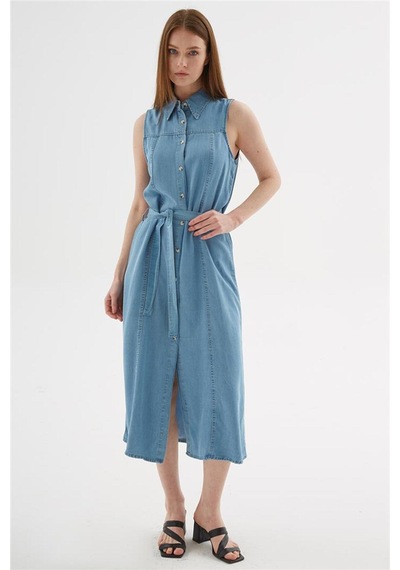 Denim Gömlek Elbise Mavi Mavi
