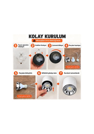 Silindir Sıva Üstü Led Spot Armatür, Modern Dekoratif Tavan Aydınlatması, Mercekli Tasarım Beyaz Kasa - Krom Diğer