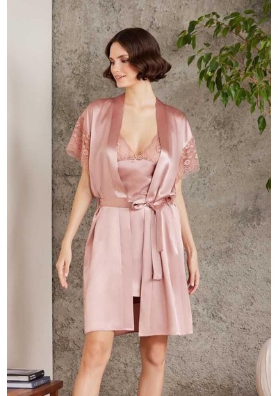 Pierre Cardin Saten Dantelli Gecelik Sabahlık Takım 4438 Brndy 001