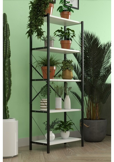 5 Raflı Dekoratif Çiçeklik Raf Metal Ve Ahşap Çok Katlı Saksılık 150 Cm Beyaz