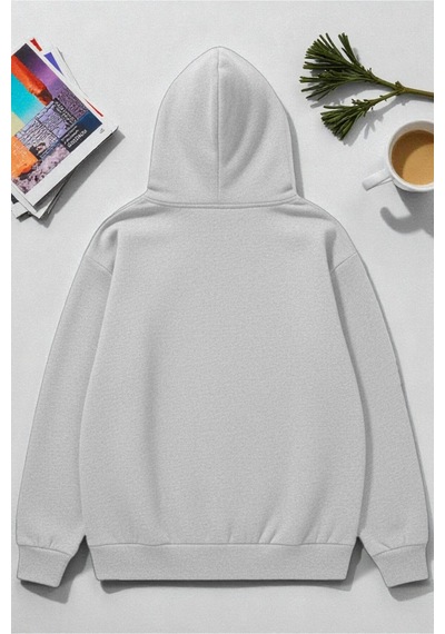 Uyguntarz Unisex Uyuyan Kedi Baskılı Kapüşonlu Sweatshirt Gri