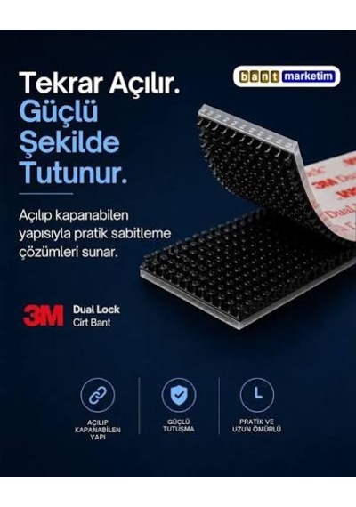 3m Dual Lock Kendinden Yapışkanlı Tak Çıkar Sabitleme Bandı 2,5cm X 2cm Siyah 5 Çift 10 Adet