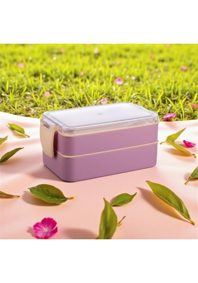 Titiz Fely 2 Katlı Öğle Yemeği Kabı - Çatal Kaşık Dahil - Sızdırmaz & Kilitli Lunch Box- Mor Renk Çok Renkli