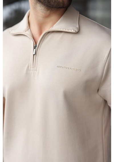 Madmext Bej Yarım Fermuarlı Polo Yaka T-shirt Şort Takım E7348 Bej