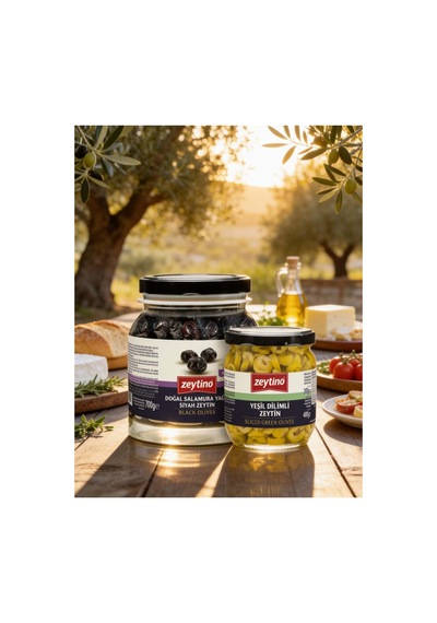 Gemlik Siyah Zeytin 700 Gr 261/290 M & Yeşil Dilimli Zeytin 200 Gr Cam Kavanoz