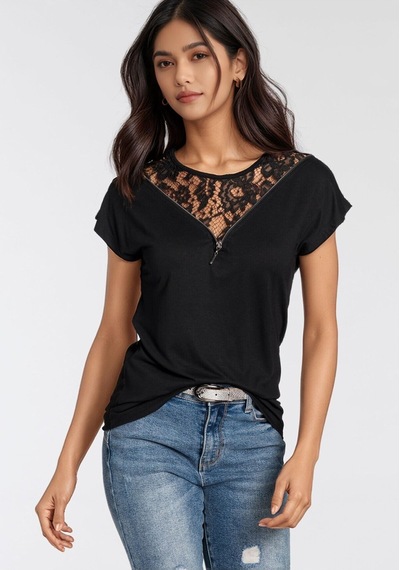 Mamayaga Kadın Dantel Ve Fermuar Yaka Kısa Kol Yakası Güpür Detay Şık Tshirt Bluz Limon