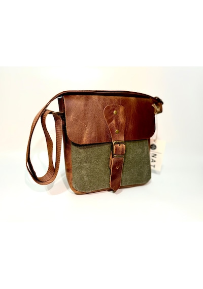 Natderi Hakiki Deri Kanvas Omuz Çantası Ayarlanabilir Askılı, Fermuarlı Arka Cepli, 20x21 Cm Haki - Taba - Kahverengi