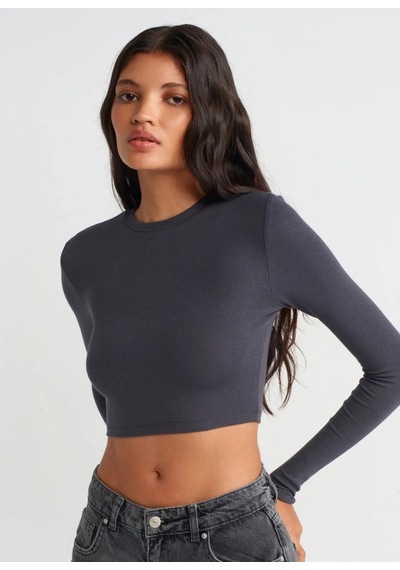 Seeh Füme Bisiklet Yaka Uzun Kollu Kadın Top Body Sh216
