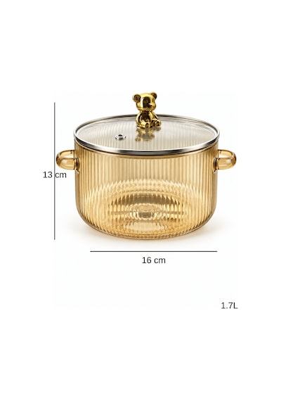 1,7 L Amber Borosilikat Cam Tencere Cam Kapaklı Gold Ayıcık Detaylı Isıya Dayanıklı Tencere
