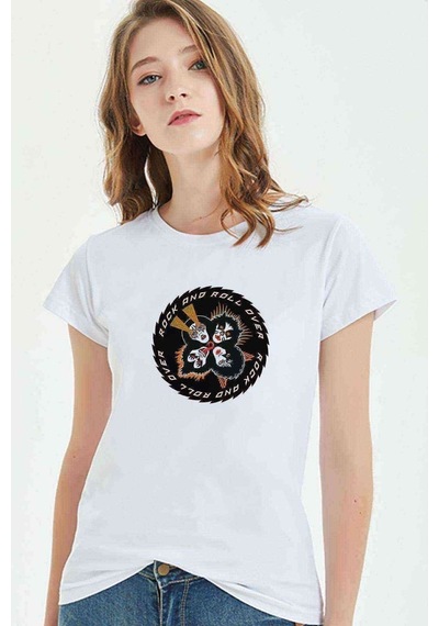 Rock And Roll Over Kiss Rock Baskılı Beyaz Kadın Tshirt
