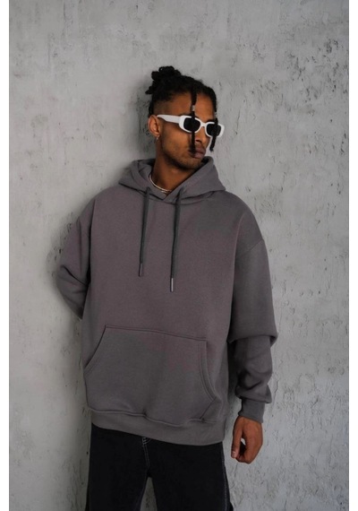 Erkek 3 İplik Pamuklu Kapüşonlu Kanguru Cepli Sweatshirt Hoodie - Gri