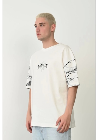 Unisex Baskılı Bisiklet Yaka Oversize T-shirt - Beyaz