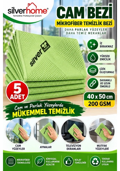 Silver Home Yeşil Cam Bezi 200 Gsm 40x50 Cm 5 Adet