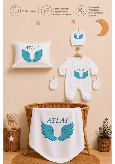 Pia Baby Erkek Bebek Yeni Doğan Hastane Çıkışı 11 Parça İsimli %100 Pamuk Organik Baskılı Set 2017110x Ekru