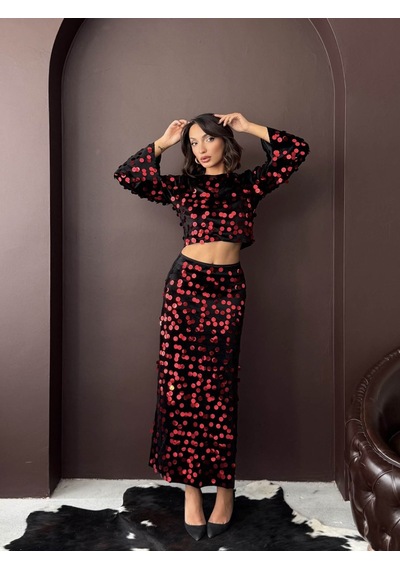 Verymoda Pullu Kadife Bluz Siyah Kırmızı