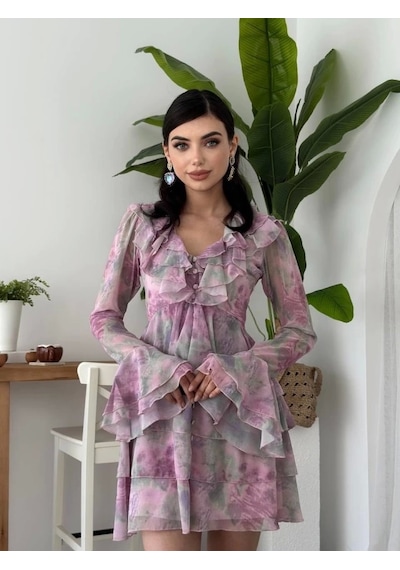Defymoda Elose Fırfırlı Elbise Desenli