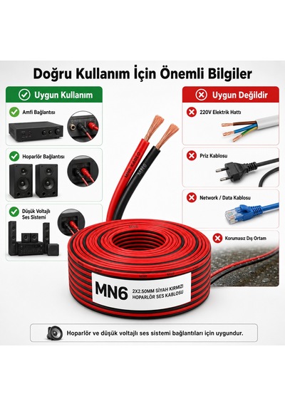 Mn6 Mn250hkf 2x2.50 Mm Hoparlör Kablosu 20 Metre Siyah Kırmızı Kordon Amfi Ve Ses Sistemi Kablosu 20 M